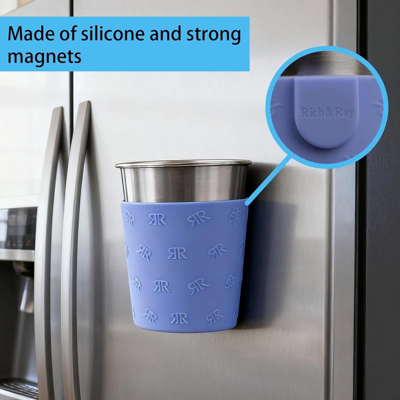 Rich&Ray Magnetic Cup Sleeve, 8oz Reusable Silicone Sleeve Without Cups, Stainless Steel Cup Sleeve Suitable for Water Cooler and Refrigerator, 2 Pack (Cups Not Included) - Image 2